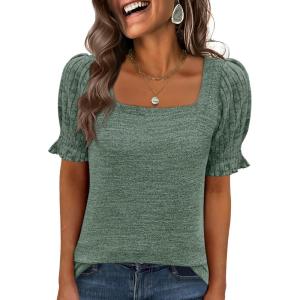 image:imageANRABESS Womens Tops Summer Sweaters Dressy Casual Work Blouses Square Neck Ruffle Short Sleeve Tee Shirts 2026 Fashion TunicDeep Green