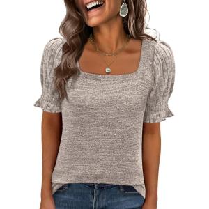 image:imageANRABESS Womens Tops Summer Sweaters Dressy Casual Work Blouses Square Neck Ruffle Short Sleeve Tee Shirts 2026 Fashion TunicKhaki