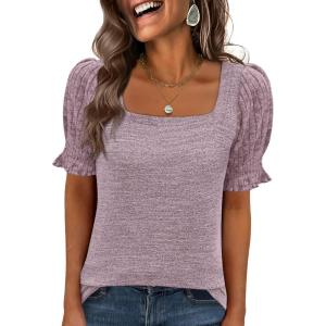 image:imageANRABESS Womens Tops Summer Sweaters Dressy Casual Work Blouses Square Neck Ruffle Short Sleeve Tee Shirts 2026 Fashion TunicPink
