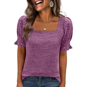 image:imageANRABESS Womens Tops Summer Sweaters Dressy Casual Work Blouses Square Neck Ruffle Short Sleeve Tee Shirts 2026 Fashion TunicPurple