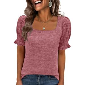 image:imageANRABESS Womens Tops Summer Sweaters Dressy Casual Work Blouses Square Neck Ruffle Short Sleeve Tee Shirts 2026 Fashion TunicRed