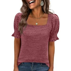 image:imageANRABESS Womens Tops Summer Sweaters Dressy Casual Work Blouses Square Neck Ruffle Short Sleeve Tee Shirts 2026 Fashion TunicRust