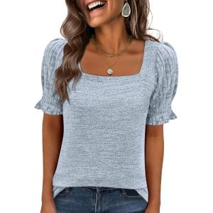 image:imageANRABESS Womens Tops Summer Sweaters Dressy Casual Work Blouses Square Neck Ruffle Short Sleeve Tee Shirts 2026 Fashion TunicSky Blue