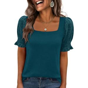 image:imageANRABESS Womens Tops Summer Sweaters Dressy Casual Work Blouses Square Neck Ruffle Short Sleeve Tee Shirts 2026 Fashion TunicTeal