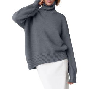 image:imageANRABESS Womens Turtleneck Sweaters Oversized Chunky Long Sleeve Knit High Low Hem Pullover Top 2026 Fall Winter FashionDark Gray