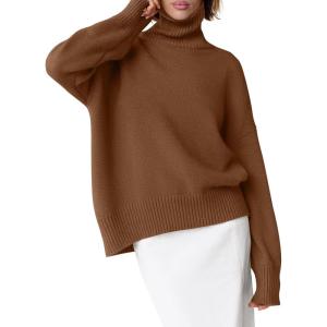 image:imageANRABESS Womens Turtleneck Sweaters Oversized Chunky Long Sleeve Knit High Low Hem Pullover Top 2026 Fall Winter FashionDeep Caramel