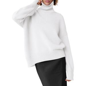image:imageANRABESS Womens Turtleneck Sweaters Oversized Chunky Long Sleeve Knit High Low Hem Pullover Top 2026 Fall Winter FashionWhite