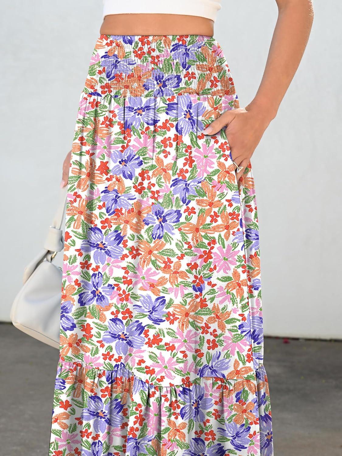 image:imageANRABESS Women Boho Floral Maxi Skirts High Waisted Tiered Skirt Flowy Beach Skirts with Pockets for Vacation amp Summer WearMulticolored Floral