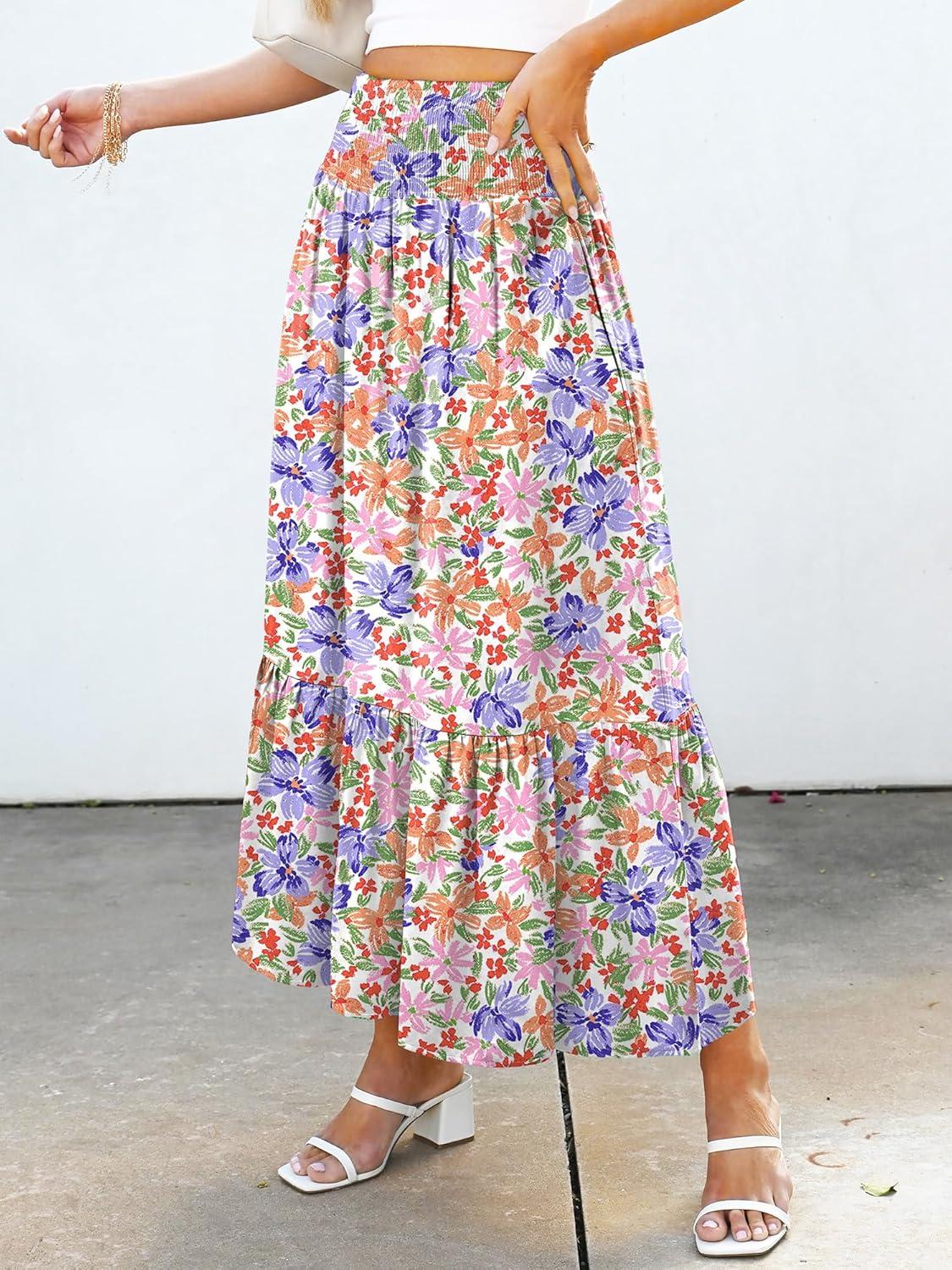 image:imageANRABESS Women Boho Floral Maxi Skirts High Waisted Tiered Skirt Flowy Beach Skirts with Pockets for Vacation amp Summer WearMulticolored Floral