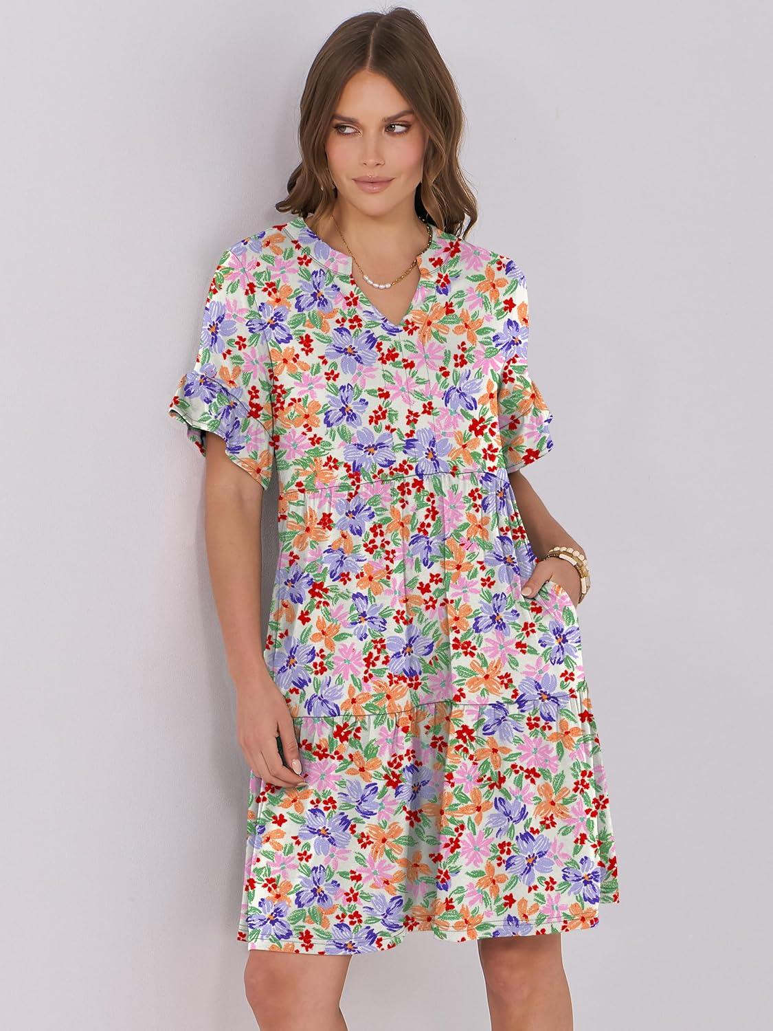image:imageANRABESS Womens Summer Casual Dress VNeck Ruffle Sleeve Tiered Mini Dress Soft Comfy Fabric with Pockets for AllDay WearCrayon Multicolored Floral