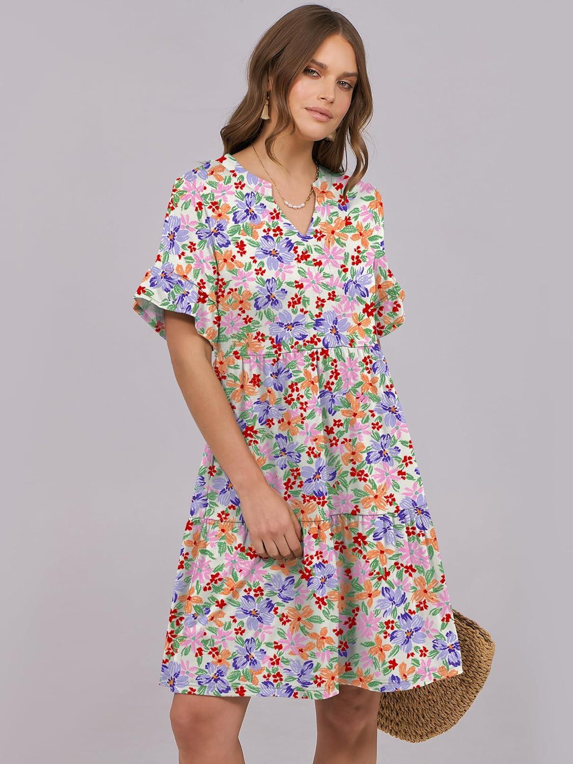 image:imageANRABESS Womens Summer Casual Dress VNeck Ruffle Sleeve Tiered Mini Dress Soft Comfy Fabric with Pockets for AllDay WearCrayon Multicolored Floral