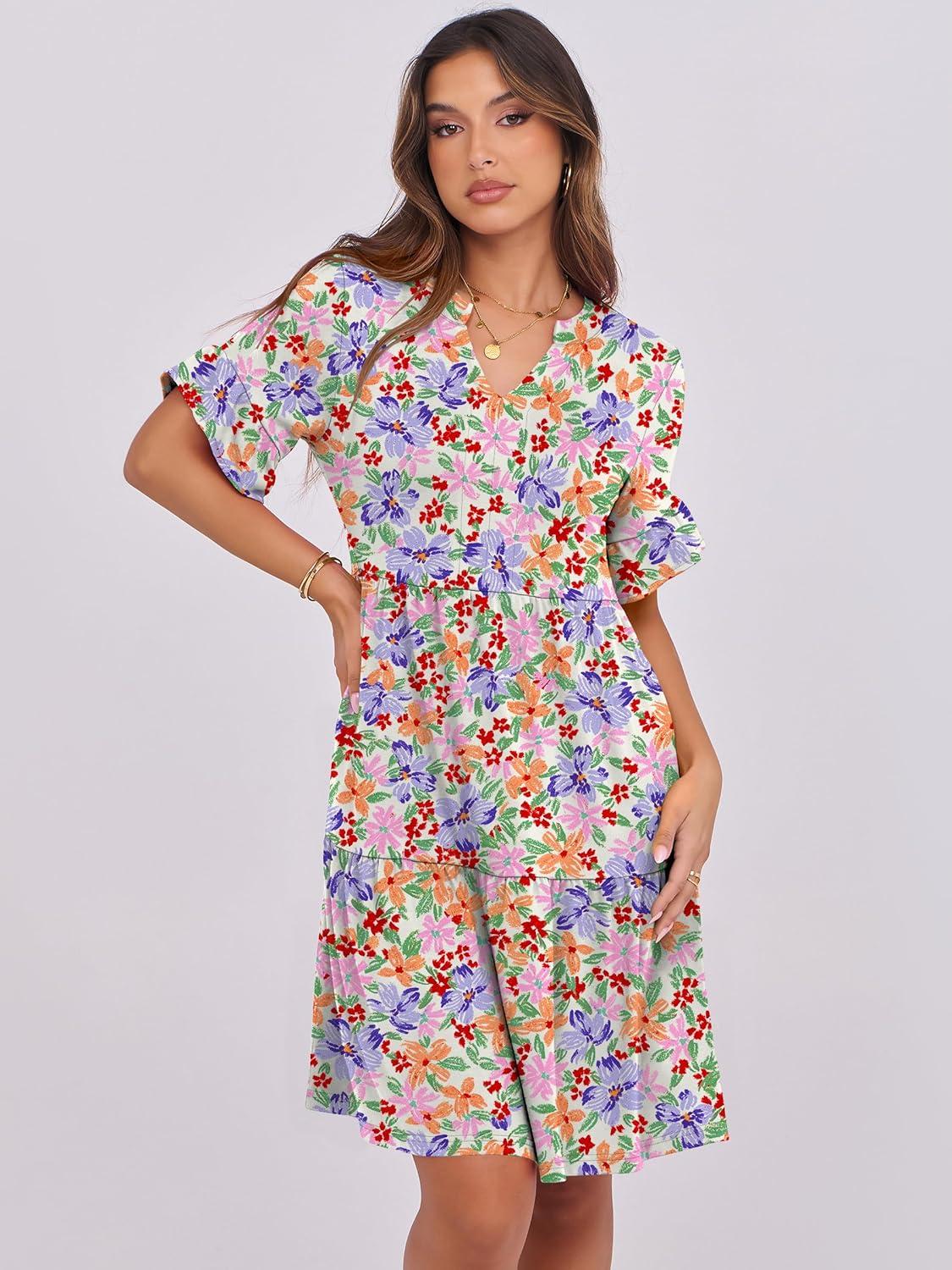 image:imageANRABESS Womens Summer Casual Dress VNeck Ruffle Sleeve Tiered Mini Dress Soft Comfy Fabric with Pockets for AllDay WearCrayon Multicolored Floral