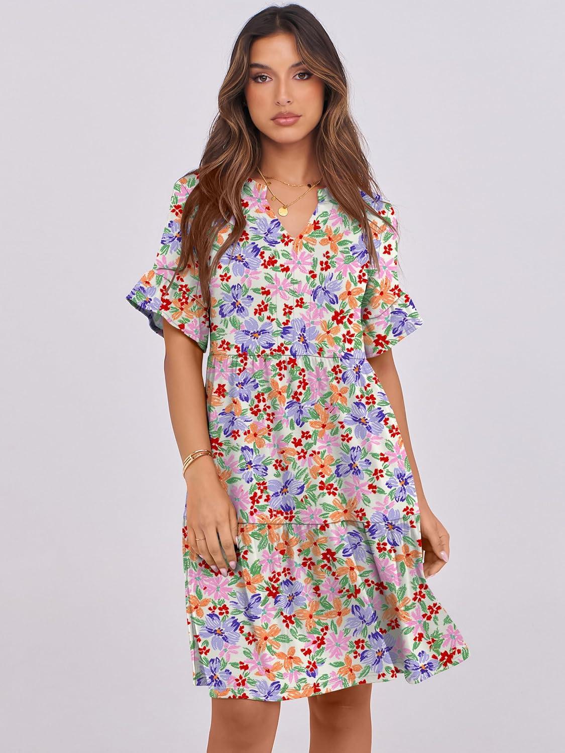image:imageANRABESS Womens Summer Casual Dress VNeck Ruffle Sleeve Tiered Mini Dress Soft Comfy Fabric with Pockets for AllDay WearCrayon Multicolored Floral