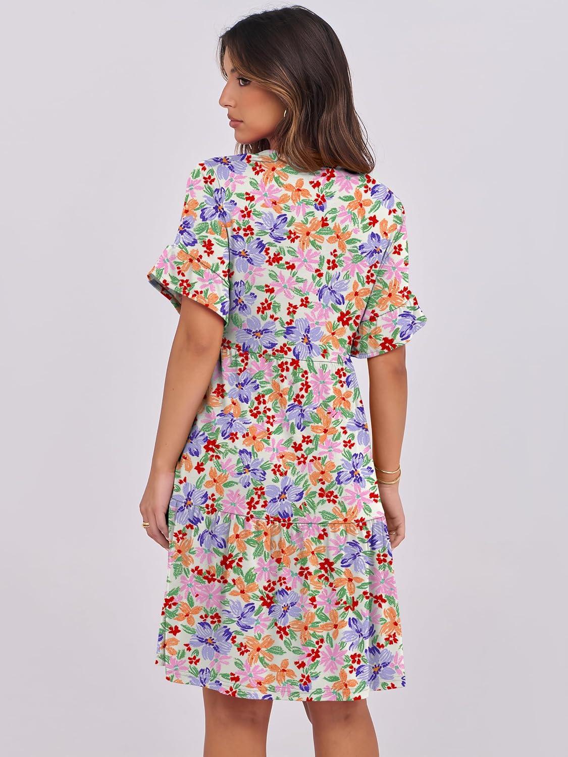 image:imageANRABESS Womens Summer Casual Dress VNeck Ruffle Sleeve Tiered Mini Dress Soft Comfy Fabric with Pockets for AllDay WearCrayon Multicolored Floral