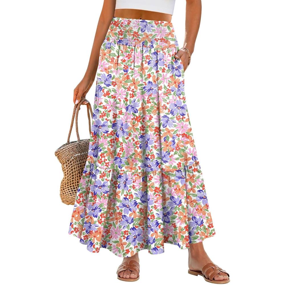 image:imageANRABESS Women Boho Floral Maxi Skirts High Waisted Tiered Skirt Flowy Beach Skirts with Pockets for Vacation amp Summer WearMulticolored Floral