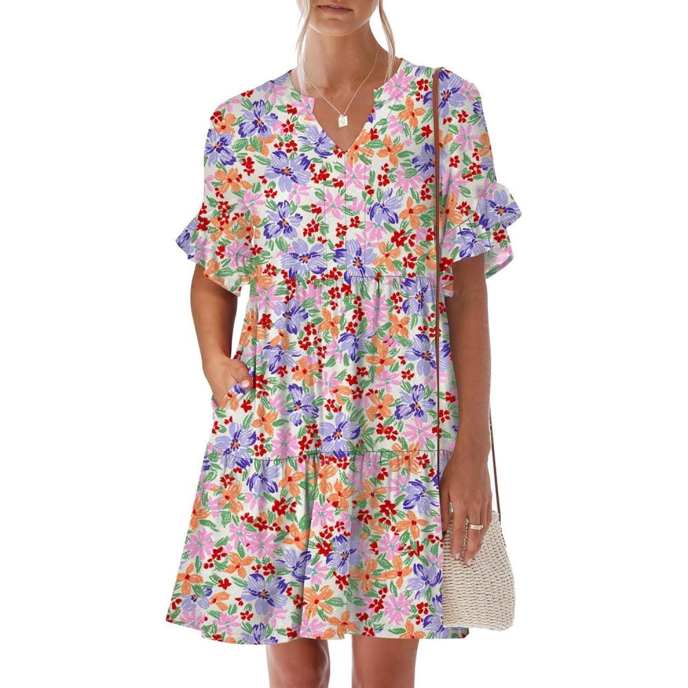 image:imageANRABESS Womens Summer Casual Dress VNeck Ruffle Sleeve Tiered Mini Dress Soft Comfy Fabric with Pockets for AllDay WearCrayon Multicolored Floral
