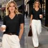 image:imageANRABESS Short Sleeve Sweaters for Women Wool Blend V Neck Sweater Shirts Business Casual Work Tops 2026 Summer OutfitsBlack