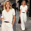 image:imageANRABESS Short Sleeve Sweaters for Women Wool Blend V Neck Sweater Shirts Business Casual Work Tops 2026 Summer OutfitsCream White
