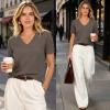 image:imageANRABESS Short Sleeve Sweaters for Women Wool Blend V Neck Sweater Shirts Business Casual Work Tops 2026 Summer OutfitsDrak Taupe