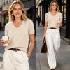 image:imageANRABESS Short Sleeve Sweaters for Women Wool Blend V Neck Sweater Shirts Business Casual Work Tops 2026 Summer OutfitsParchment