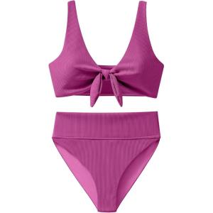 image:imageANRABESS Bikini Sets for Women Summer High Waisted 2 Piece Bathing Suit Ribbed Tie Knot Swimsuit 2026 Beach Vacation SwimwearHot Pink