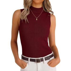 image:imageANRABESS Mock Neck Tank Tops Sweaters Wool Blend Sleeveless Soft Fitted Business Casual Sweater Shirts 2026 Summer ClothesWine Red