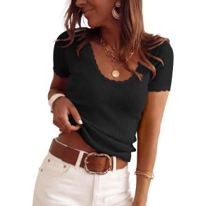 image:imageANRABESS Short Sleeve Sweater for Women Scoop Neck Casual Lightweight Ribbed Knit Pullover Tops 2026 Spring Summer OutfitsBlack