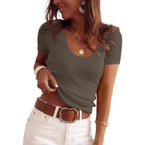 image:imageANRABESS Short Sleeve Sweater for Women Scoop Neck Casual Lightweight Ribbed Knit Pullover Tops 2026 Spring Summer OutfitsCamel