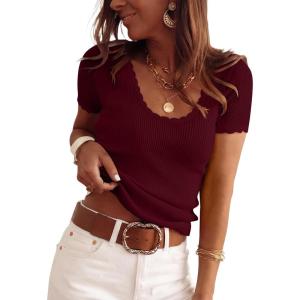 image:imageANRABESS Short Sleeve Sweater for Women Scoop Neck Casual Lightweight Ribbed Knit Pullover Tops 2026 Spring Summer OutfitsDeep Red