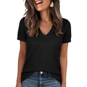 image:imageANRABESS Short Sleeve Sweaters for Women Wool Blend V Neck Sweater Shirts Business Casual Work Tops 2026 Summer OutfitsBlack