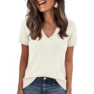 image:imageANRABESS Short Sleeve Sweaters for Women Wool Blend V Neck Sweater Shirts Business Casual Work Tops 2026 Summer OutfitsCream White