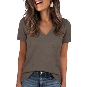 image:imageANRABESS Short Sleeve Sweaters for Women Wool Blend V Neck Sweater Shirts Business Casual Work Tops 2026 Summer OutfitsDrak Taupe