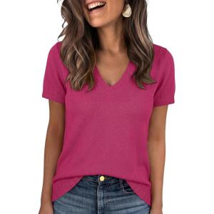 image:imageANRABESS Short Sleeve Sweaters for Women Wool Blend V Neck Sweater Shirts Business Casual Work Tops 2026 Summer OutfitsHot Pink