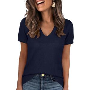 image:imageANRABESS Short Sleeve Sweaters for Women Wool Blend V Neck Sweater Shirts Business Casual Work Tops 2026 Summer OutfitsNavy Blue