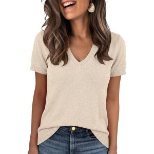 image:imageANRABESS Short Sleeve Sweaters for Women Wool Blend V Neck Sweater Shirts Business Casual Work Tops 2026 Summer OutfitsParchment