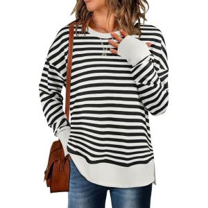 image:imageANRABESS Sweatshirts for Women 2025 Fall Long Sleeve Shirts Oversized Crewneck Lightweight Side Split Casual Pullover TopsBlack White