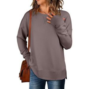 image:imageANRABESS Sweatshirts for Women 2025 Fall Long Sleeve Shirts Oversized Crewneck Lightweight Side Split Casual Pullover TopsCamel
