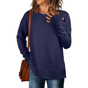image:imageANRABESS Sweatshirts for Women 2025 Fall Long Sleeve Shirts Oversized Crewneck Lightweight Side Split Casual Pullover TopsNavy Blue