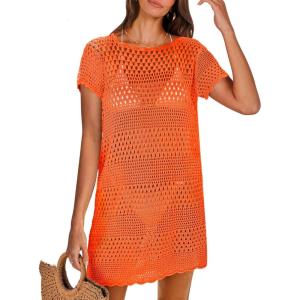 image:imageANRABESS Swimsuit Cover Up for Women 2026 Crochet Bathing Suit Swimwear Mesh Knit Beach Dress Summer Vacation ClothesOrange