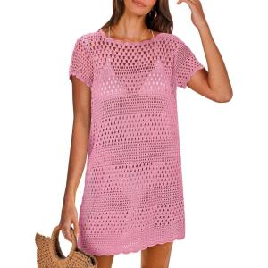 image:imageANRABESS Swimsuit Cover Up for Women 2026 Crochet Bathing Suit Swimwear Mesh Knit Beach Dress Summer Vacation ClothesPink