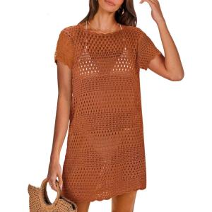 image:imageANRABESS Swimsuit Cover Up for Women 2026 Crochet Bathing Suit Swimwear Mesh Knit Beach Dress Summer Vacation ClothesRust