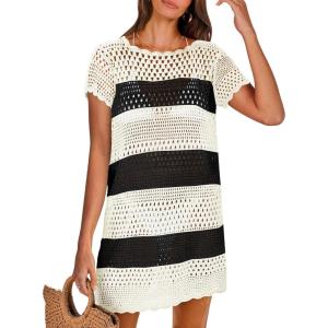 image:imageANRABESS Swimsuit Cover Up for Women 2026 Crochet Bathing Suit Swimwear Mesh Knit Beach Dress Summer Vacation ClothesStripe Black White
