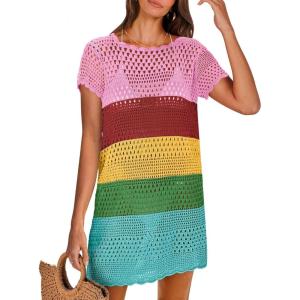 image:imageANRABESS Swimsuit Cover Up for Women 2026 Crochet Bathing Suit Swimwear Mesh Knit Beach Dress Summer Vacation ClothesStripe Rainbow