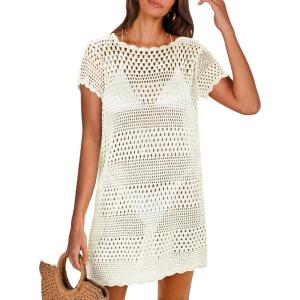 image:imageANRABESS Swimsuit Cover Up for Women 2026 Crochet Bathing Suit Swimwear Mesh Knit Beach Dress Summer Vacation ClothesWhite