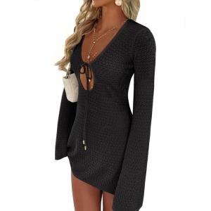 image:imageANRABESS Swimsuit Cover Up for Women Crochet Bathing Suit 2026 Summer Swimwear V Neck Mesh Knit Dress Beach Vacation ClothesBlack
