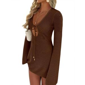 image:imageANRABESS Swimsuit Cover Up for Women Crochet Bathing Suit 2026 Summer Swimwear V Neck Mesh Knit Dress Beach Vacation ClothesBrown