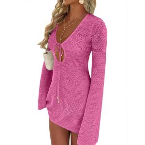 image:imageANRABESS Swimsuit Cover Up for Women Crochet Bathing Suit 2026 Summer Swimwear V Neck Mesh Knit Dress Beach Vacation ClothesHot Pink