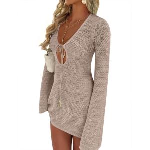 image:imageANRABESS Swimsuit Cover Up for Women Crochet Bathing Suit 2026 Summer Swimwear V Neck Mesh Knit Dress Beach Vacation ClothesKhaki
