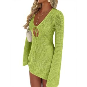 image:imageANRABESS Swimsuit Cover Up for Women Crochet Bathing Suit 2026 Summer Swimwear V Neck Mesh Knit Dress Beach Vacation ClothesNeon Green