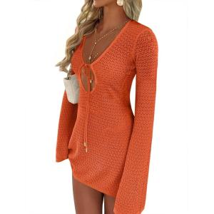 image:imageANRABESS Swimsuit Cover Up for Women Crochet Bathing Suit 2026 Summer Swimwear V Neck Mesh Knit Dress Beach Vacation ClothesOrange